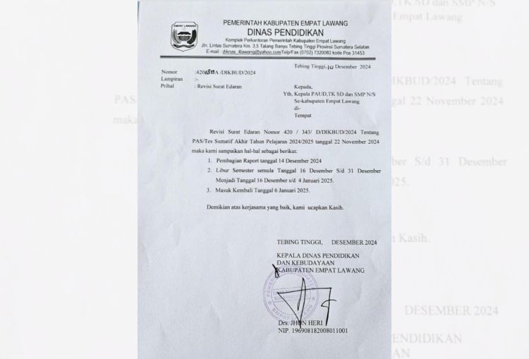 Dinas Pendidikan Empat Lawang Revisi Jadwal Libur Semester dan Pembagian Raport