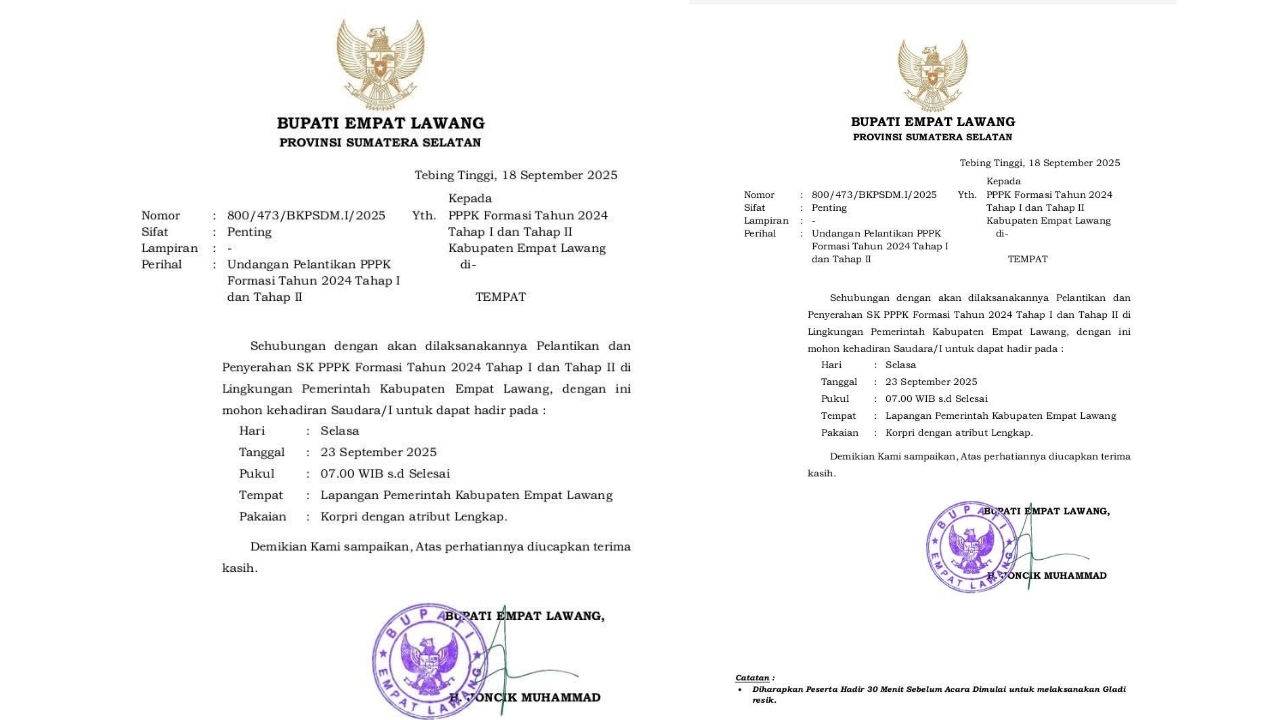 Setelah Penantian Panjang, Selasa 23 September, PPPK Empat Lawang Formasi 2024 Tahap I & II Resmi Dilantik
