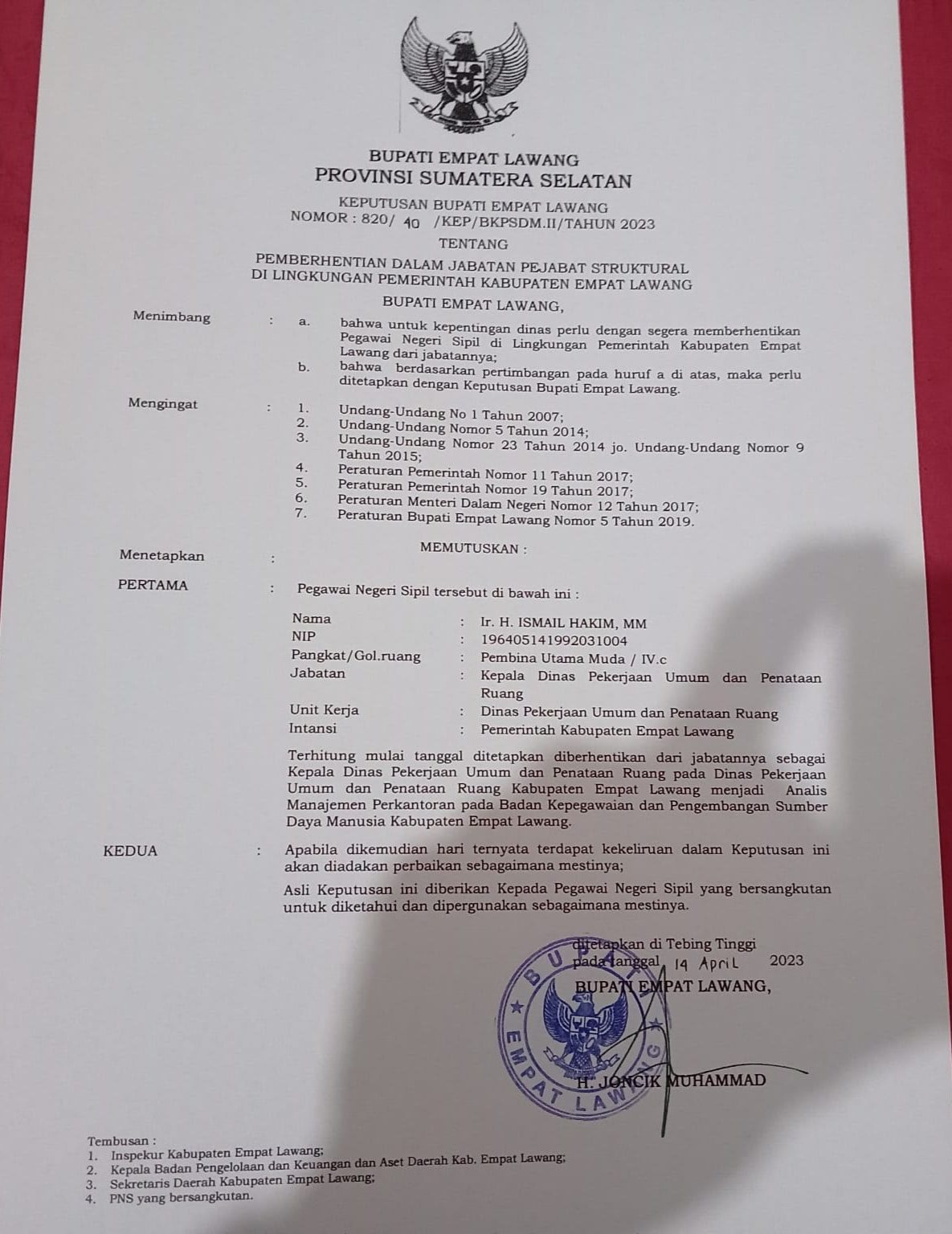 Dicopot dari Jabatan Kepala Dinas PU PR, Ismail Hakim Dipindahkan ke Kantor Ini