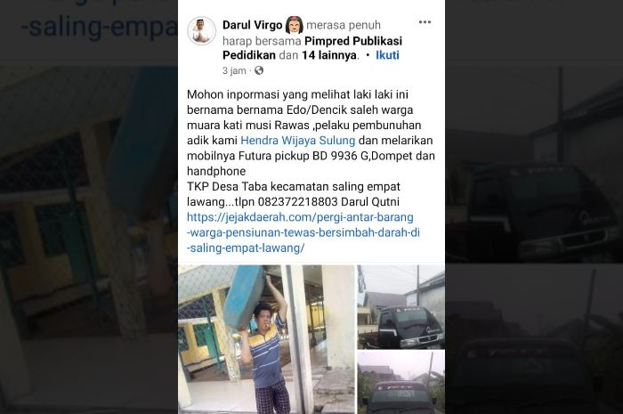 Kantongi Identitas Pelaku Pembunuhan Hendra Wijaya, Keluarga Minta Pelaku Menyerahkan Diri