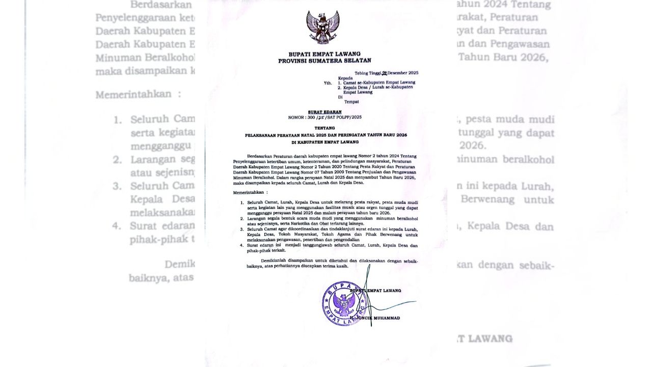Bupati Empat Lawang Terbitkan Surat Edaran Pengaturan Perayaan Natal 2025 dan Tahun Baru 2026 Begini Isinya