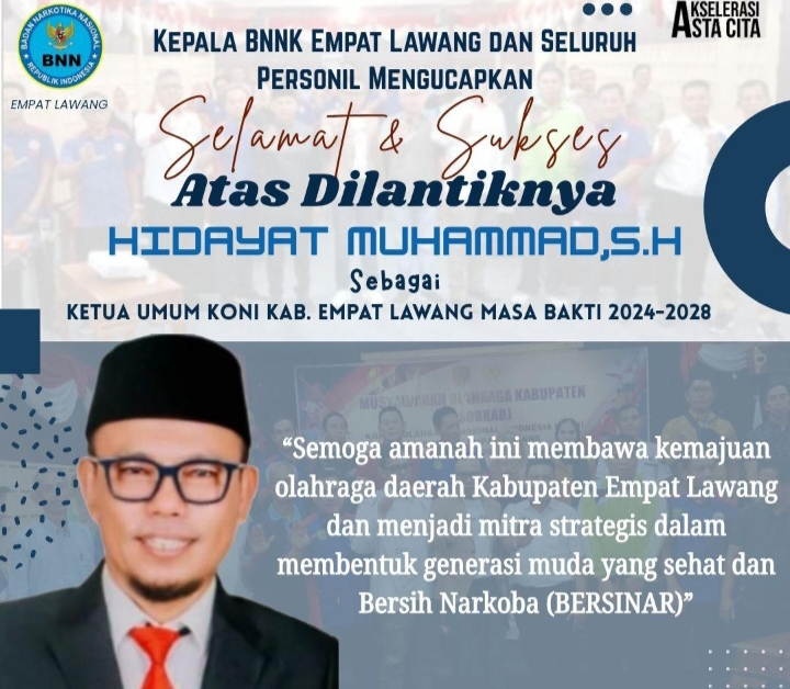 Kepala BNN Empat Lawang Ucapkan Selamat kepada Ketua KONI Terpilih Hidayat Muhammad