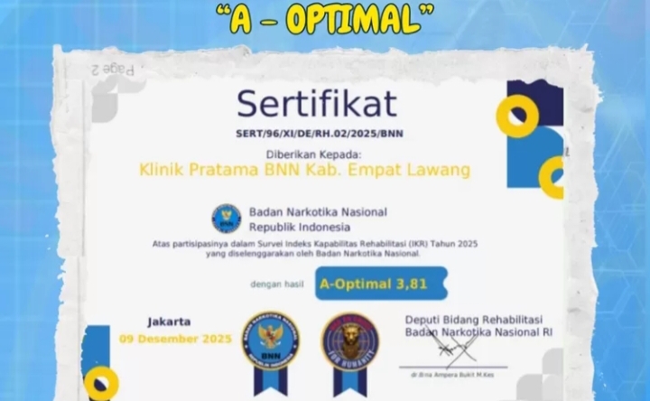 Klinik Pratama BNNK Empat Lawang Raih Predikat A-Optimal pada Survei Indeks Kapabilitas Rehabilitasi 2025
