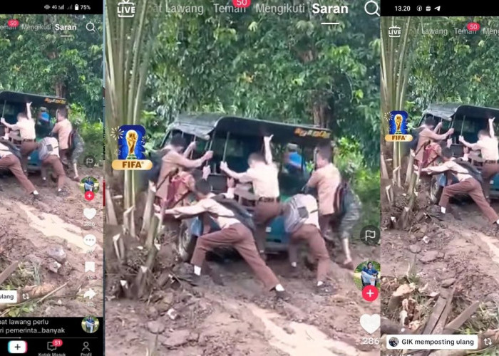 Viral! Derita Siswa Menuju Sekolah Di Empat Lawang Dorong Mobil di Jalan Berlumpur