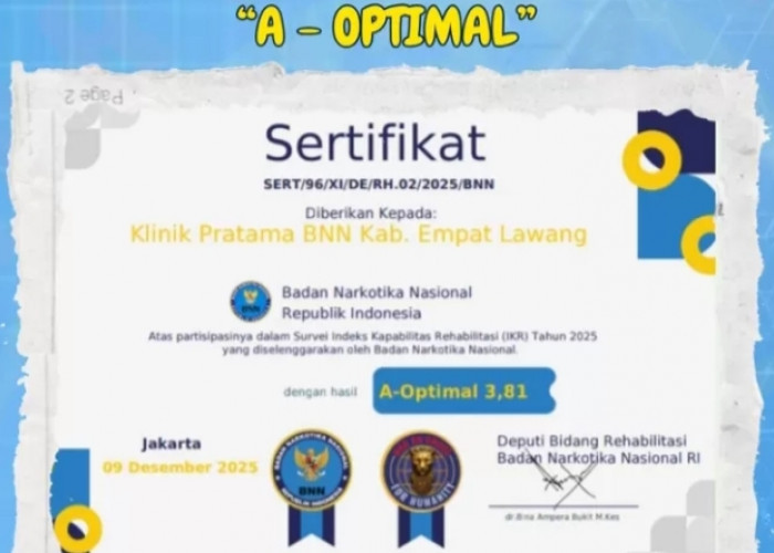 Klinik Pratama BNNK Empat Lawang Raih Predikat A-Optimal pada Survei Indeks Kapabilitas Rehabilitasi 2025